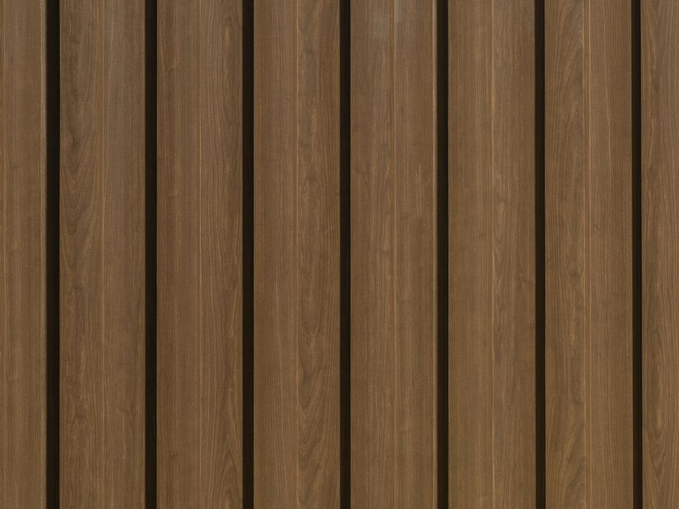 Close-up of medium-brown Espresso woodgrain steel sheets with vertical ribs and a visible timber grain