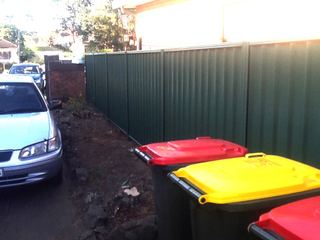 New green Colorbond privacy fence along the same driveway beside the bins