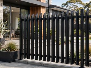 Black aluminium 45-degree angled blade fence panel with overlapping slats