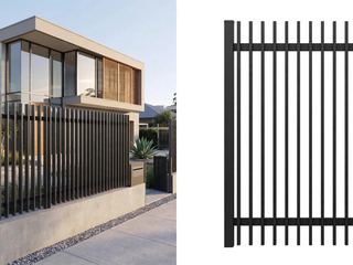 Aluminium 50 mm blade fence on a concrete plinth beside a modern house, with a matching isolated panel