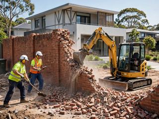 Mini excavator demolishing a red brick boundary wall