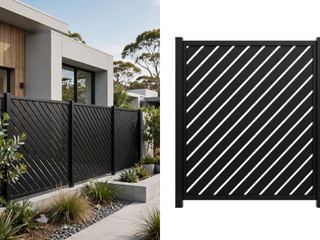 Black aluminium diagonal slat fence beside a modern house and an isolated matching panel