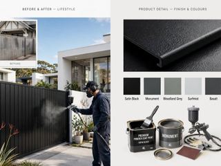 Fence being spray-painted satin black, with colour swatches and a faded-fence before inset