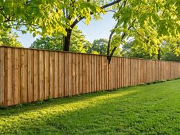 Long timber paling fence beside a lawn