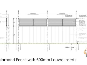 Technical elevation showing louvre blades set into Colorbond fence sheets.