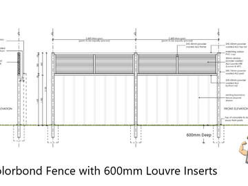Elevation drawing of a Colorbond fence with a louvre insert along the top rail