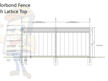 Construction drawing of a Colorbond fence with a lattice topper