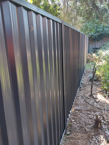 Close view of dark Colorbond privacy sheets with foliage beside the posts