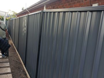 Close view of a charcoal Colorbond privacy fence along a side boundary