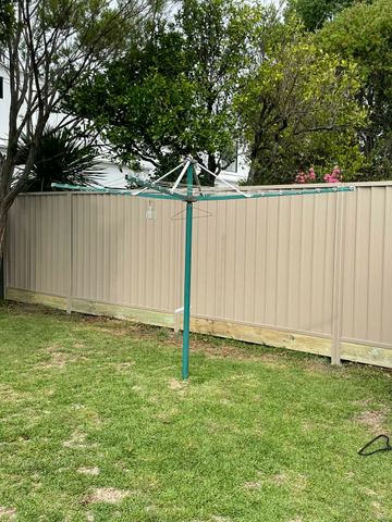 Cream Colorbond privacy fence beside a white shed and a rotary clothesline