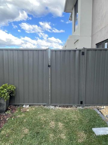 Grey Colorbond privacy fence returning to a rendered house wall beside potted plants on a small lawn