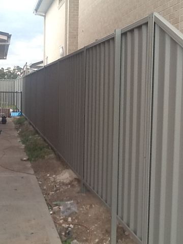 Pale Colorbond privacy fence running down a narrow concrete path beside a house