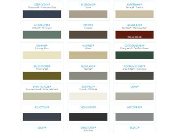 A printed chart displays the full Colorbond palette with named swatches for fence sheet and post colours.