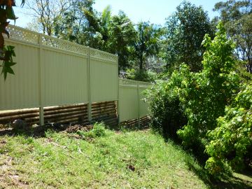The scene shows a green corrugated steel fence where garden beds sit at the base.