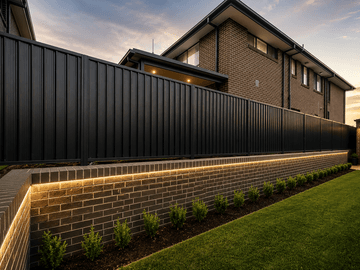 Black Colorbond privacy fence on a brick retaining wall with strip lighting