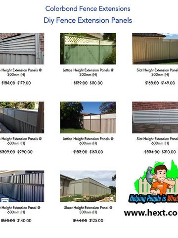 A catalogue grid compares louvre, lattice, slat and sheet extension kits on various Colorbond fence colours.