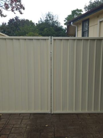 Cream Colorbond double driveway gate photographed in bright daylight
