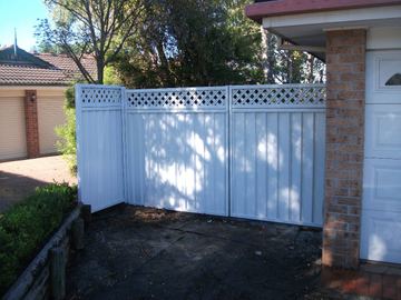 The scene shows a mid grey corrugated steel fence where a gate sits in the run, residential buildings appear beyond the line.