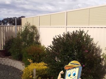 Cream Colorbond privacy fence with a slat height extension behind garden shrubs