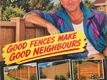 Printed board showing a timber paling run, a horizontal slat fence and a lattice-top timber panel