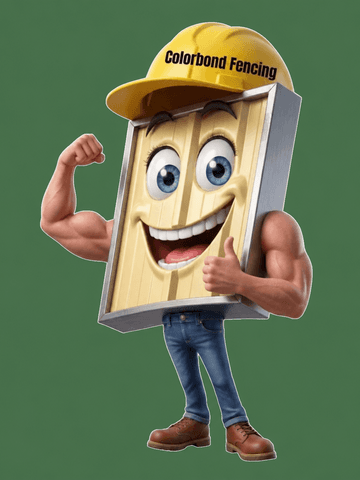 Fencing company character standing in front of cream corrugated fencing