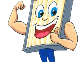 Fencing company character standing beside cream corrugated fence sheets