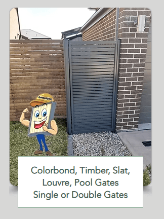 A charcoal horizontal slat gate sits between timber slat fencing and brickwork over pebbles with service text beneath.