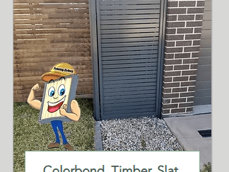 A charcoal horizontal slat gate sits between timber slat fencing and brickwork over pebbles with service text beneath.