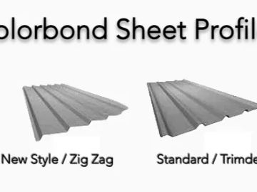 Illustrations compare angular zig-zag corrugations with wider Trimdek ribs on grey sample panels.