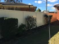 Cream Colorbond fence behind garden shrubs