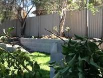 Grey Colorbond fence behind a garden bed