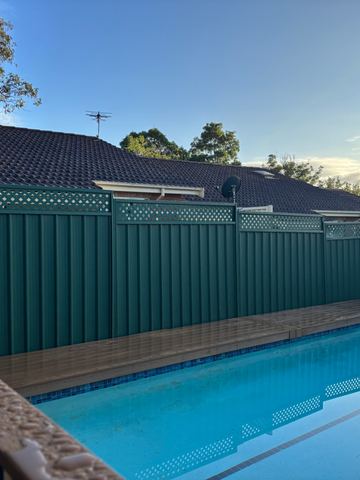Green Colorbond privacy fence with a lattice topper around a swimming pool