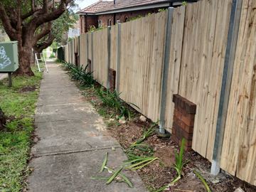 New treated pine palings beside paved areas.