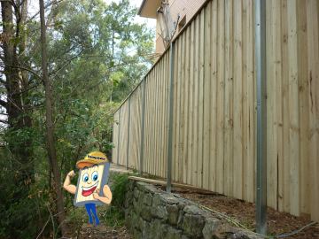 New treated pine palings along a garden boundary.