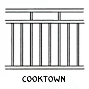 Diagram with three top rails and short spacers above main pickets.