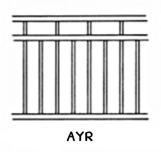 Diagram of alternating picket heights between closely spaced top rails.