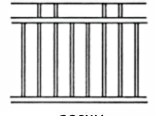 Drawing with paired short spacers offset from main pickets.