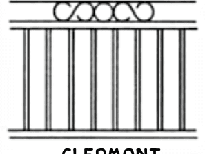 Drawing with flowing scroll frieze between two top rails above pickets.