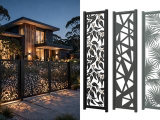 Laser cut aluminium front fence and gate with botanical pattern, plus isolated decorative panels