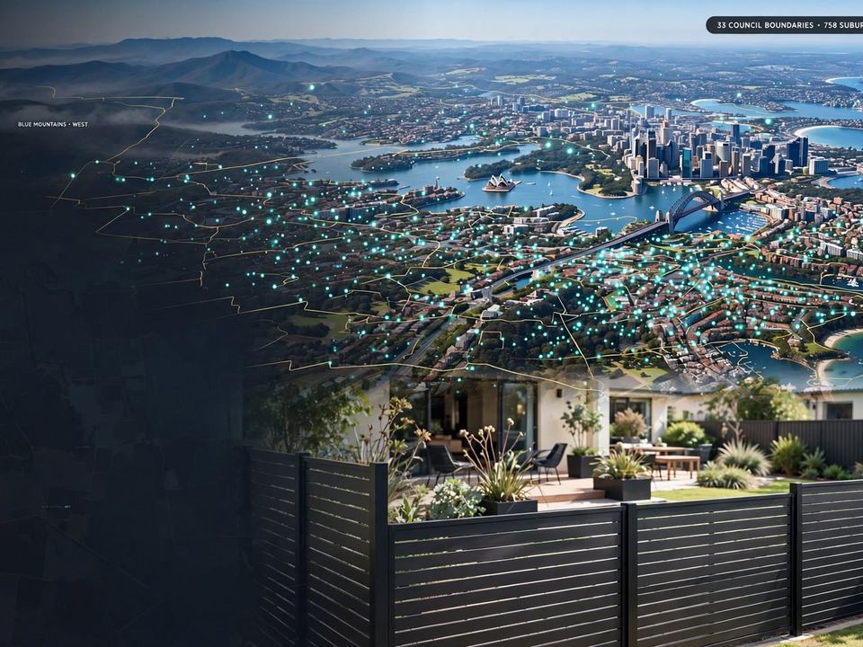 Sydney service map with a black slat fence in the foreground