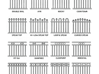 Tubular fence and gate design sheet showing panel styles