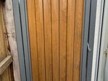 Light Oak woodgrain steel single gate in a grey frame