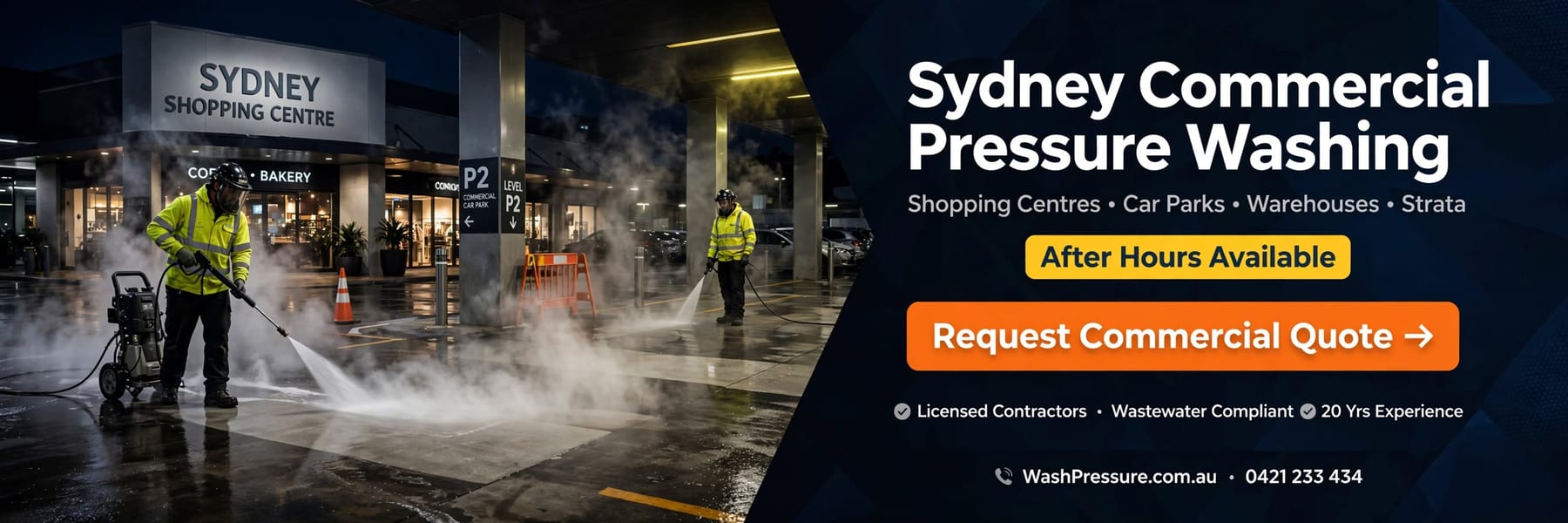 Sydney commercial pressure washing by Wash Pressure. Shopping centres, car parks, warehouses and strata. After hours available.